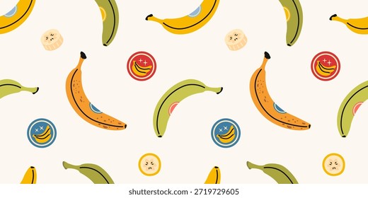 Patrón sin fisuras con plátanos de diferentes grados de madurez y colores, amarillo y verde. Diseño de frutas tropicales. Ilustración vectorial de moda sobre fondo claro, dibujado a mano, plano