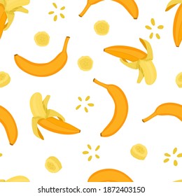 Seamless pattern with bananas. Vector illustration with isolated objects on a white background. Drawn by hands. Yellow tropical fruit. Suitable for clothing design, printing on fabric, postcards