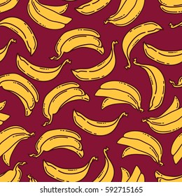 Seamless pattern with bananas . Vector illustration. Yellow bananas with brown outline . Red background. 
