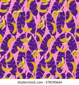 Seamless pattern of bananas and violet leaves on pink. Tropical wallpaper, textile print, exotic background.