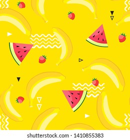Seamless pattern with bananas and watermelon. Fruit and food themes. Good for wallpaper, textile, background, poster, cover of book, post cards.
