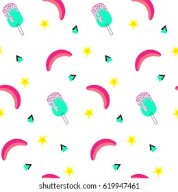 Seamless pattern with bananas and watermelon, ice cream on white background. Memphis vector background. Bright summer illustration. Fruit mix design for fabric and decor