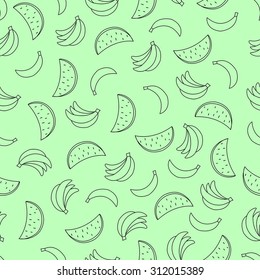 Seamless pattern with bananas and watermelon on green background. Can be used for wallpaper, pattern fills, greeting cards, webpage backgrounds, wrapping paper, or fabric. Vector illustration. EPS 10.