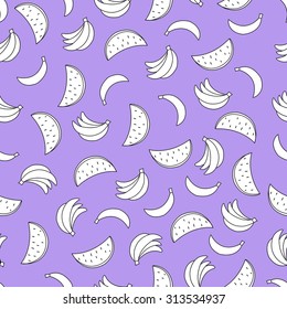 Seamless pattern with bananas and watermelons on violet background. Can be used for wallpaper, pattern fills, greeting cards, webpage backgrounds or fabric. Vector illustration. EPS 10.