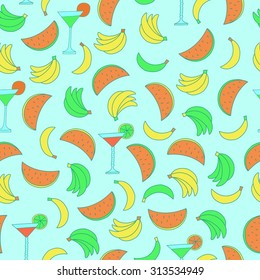 Seamless pattern with bananas and watermelons on blue background. Can be used for wallpaper, pattern fills, greeting cards, wrapping paper, scrap booking fabric. Vector illustration. EPS 10.