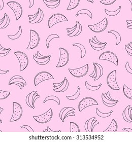 Seamless pattern with bananas and watermelons on pink background. Can be used for wallpaper, pattern fills, greeting cards, webpage backgrounds, wrapping paper, or fabric. Vector illustration. EPS 10.
