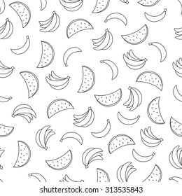 Seamless pattern with bananas and watermelons on white background. Can be used for wallpaper, pattern fills, greeting cards, webpage backgrounds, scrap booking or fabric. Vector illustration. EPS 10.