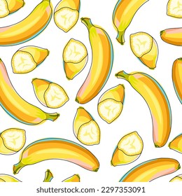 Seamless pattern with bananas. A whole banana and half a fruit. Bright tropical pattern with white background. Hand drawn, cartoon style. Summer print. Vector illustration.