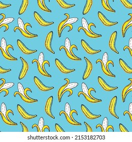 Seamless pattern of bananas whole and open. Flat style. Various yellow bananas. Blue-yellow palette. Suitable for bright fabrics, paper and wallpaper for wall decor.