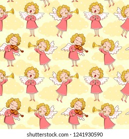 Seamless pattern of band of angels on the yellow background