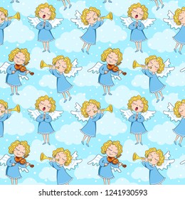 Seamless pattern of band of angels on the blue background