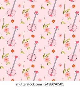 Seamless pattern with banjos and flowers in pink color. Cowgirl and cowboy Wild West concept. Repeatable elements on pink background ready to print. Vector illustration.