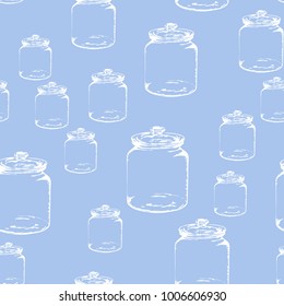 Seamless pattern of bank glass. Pottery and ceramics. Ingredients for mixing in cans, oxides and chemical elements. Hand drawn vector illustration, isolated on blue background