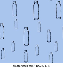 Seamless pattern of bank glass. Pottery and ceramics. Ingredients for mixing in cans, oxides and chemical elements. Hand drawn vector illustration, isolated on blue background