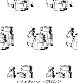 Seamless pattern of bank set. Pottery and ceramics. Ingredients for mixing in cans, oxides and chemical elements. Hand drawn vector illustration, isolated.