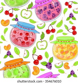 Seamless pattern with banks cherry, orange and berry jam,  apples, berries, cherries and leaves on a white background.