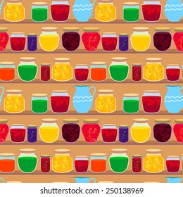 Seamless pattern with banks with different jam on the shelves. vector illustration