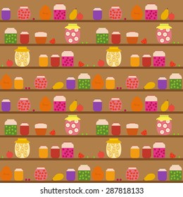 Seamless pattern with banks with different jam on the shelves. vector illustration