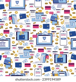 Seamless pattern with banks, money and payments. Wallet and golden coin, credit cards. Laptop and phone. Decor textile, wrapping paper, wallpaper. Cartoon flat isolated vector concept