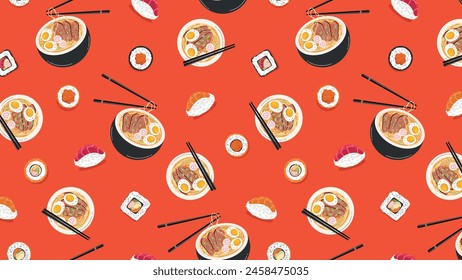 Anuncio de patrón sin fisuras con comida asiática. Comida japonesa, rollitos, sushi, ramen sobre fondo rojo. Vector