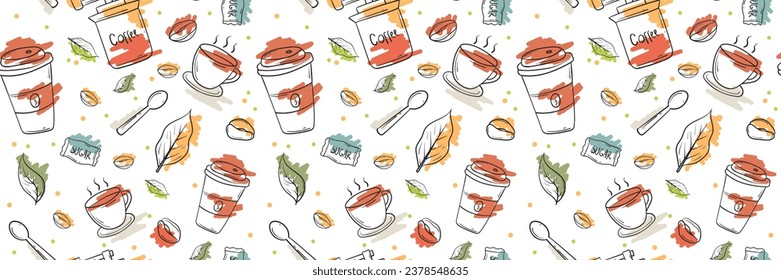 seamless pattern banner background with coffee shop items set hand drawn