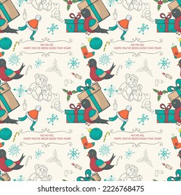 Seamless pattern banner for Christmas and New Year design in the style of doodle, Birds sitting on holiday boxes
