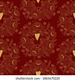 Seamless pattern, banner design with ox,  blossoms, Happy New Year, gold on red background. Vector illustration. Flat style. Concept for 2021 holiday decor element.