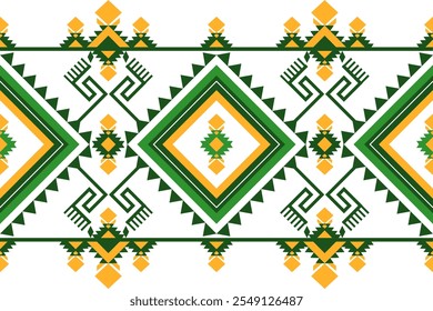 Nahtloses Muster-Banner mit grünen und gelben Elementen. Geometrisches Stoffmuster-Design, um ethnischen Stil zu schaffen. Indianer amerikanischer Stamm, Vektorgrafik auf weißem Hintergrund