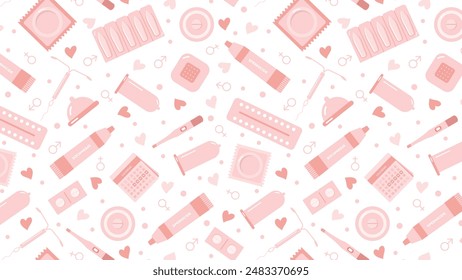 Seamless pattern, banner on horizontal background with birth control methods. Contraceptives in soft pink tones. Vector flat-panel illustration