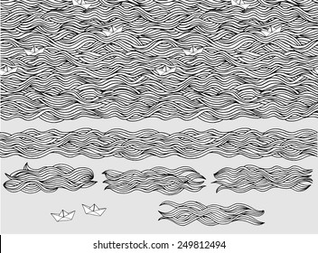 Seamless pattern and banners of hand drawn waves with little paper boats