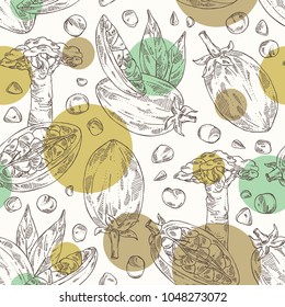 Seamless pattern with baobab: baobab fruit, seeds, tree and leaves. Super food. Vector hand drawn illustration