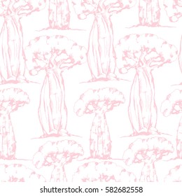 Seamless pattern. Baobab tree. Vector hand drawing ink illustration. Vector  hand drawing  pink baobabs on white background.  Symbol of Madagascar.