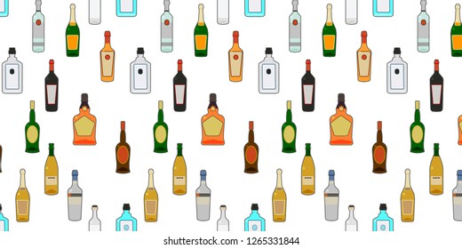 seamless pattern bar alcohol bottles. Isolated objects on a white background, Cocktail card, assortment of drinks.