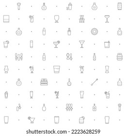 Patrón sin inconvenientes con barra e icono de alcohol sobre fondo blanco. Incluye íconos como pub, bebida, cóctel, barra de vidrio, botella, cerveza, bebidas, licor, elementos de diseño y otros elementos.