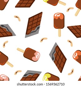 seamless pattern ,bar of chocolate,walnut,fruit ice cream with chocolate icing on a wooden stick,background