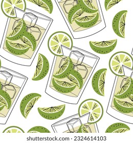 Seamless pattern - bar cocktail Caipirinha with fruits illustration. Cocktail garnish. Vector illustration of citrus