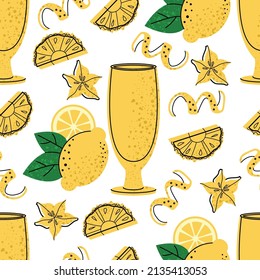 Seamless pattern - bar cocktail with fruits illustration. Cocktail garnish. Vector illustration of citrus