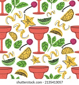 Seamless pattern - bar cocktail with fruits illustration. Cocktail garnish. Vector illustration of citrus