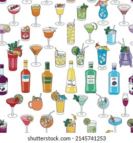 Seamless pattern and bar liquor bottles   cocktails in rainbow LGBT colors  For gay bar diversity pride party invitations  cards stickers  Doodle cartoon style illustration white background