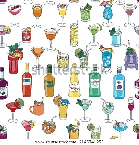 Seamless pattern with bar liquor bottles and cocktails in rainbow LGBT colors. For gay bar diversity pride party invitations, cards or stickers. Doodle cartoon style illustration on white background