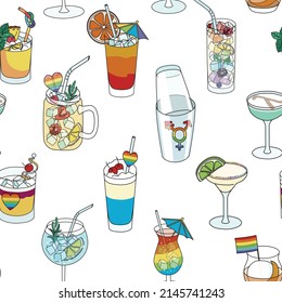 Seamless pattern with bar shaker and cocktails in rainbow LGBT colors. For gay bar diversity pride party invitations, cards or stickers. Doodle cartoon style illustration on white background