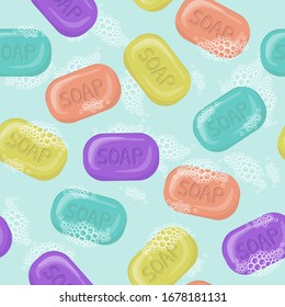 Seamless pattern bar of soap with foam. Skin cleansing and care product vector illustration.