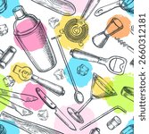Seamless pattern with bar tools and watercolor splashes. Vector hand drawn sketch shaker, jigger, corkscrew, martini glass and strainer. Design for cocktail menu, packaging, textile print