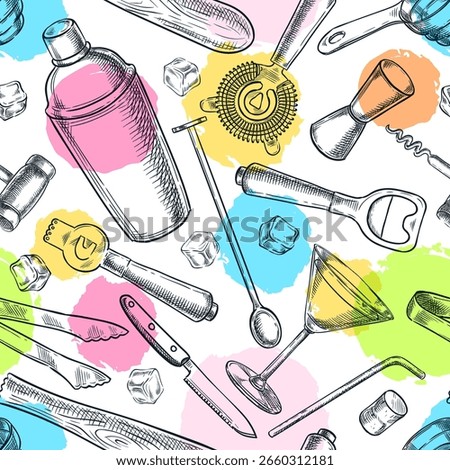 Seamless pattern with bar tools and watercolor splashes. Vector hand drawn sketch shaker, jigger, corkscrew, martini glass and strainer. Design for cocktail menu, packaging, textile print