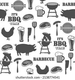 Seamless pattern with barbecue. Background with barbecue elements on white background. Bbq party vector illustration. Collection of barbecue. Bbq master, meat, beer, grill set.