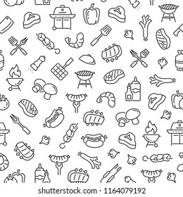 Seamless pattern with barbecue. Black and white thin line icons