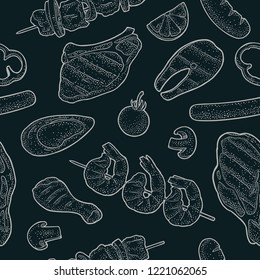 Seamless pattern barbecue grill with meat, fish, vegetables. Mushroom, oyster, shrimp, tomato, pepper, kebab, sausage, chicken leg, steak. Vintage white vector engraving illustration isolated on black
