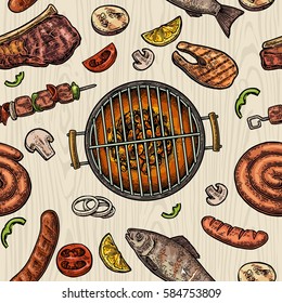 Seamless pattern barbecue grill. Top view with charcoal, mushroom, tomato, pepper, sausage, lemon, kebab, fish and beef steak. Vintage color vector engraving illustration. Isolated on wood background