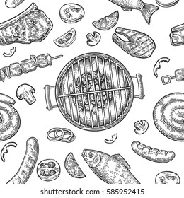 Seamless pattern barbecue grill. Top view with charcoal, mushroom, tomato, pepper, sausage, lemon, kebab, fish and beef steak. Vintage black vector engraving illustration. Isolated on white background