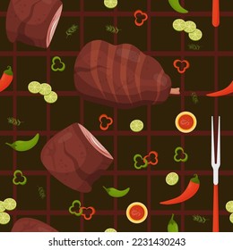 Seamless pattern with barbecue meat. Grilled beef and fried pork leg with sauce, chili and lime on dark background. Grilled latin american popular meat food. Vector illustration 